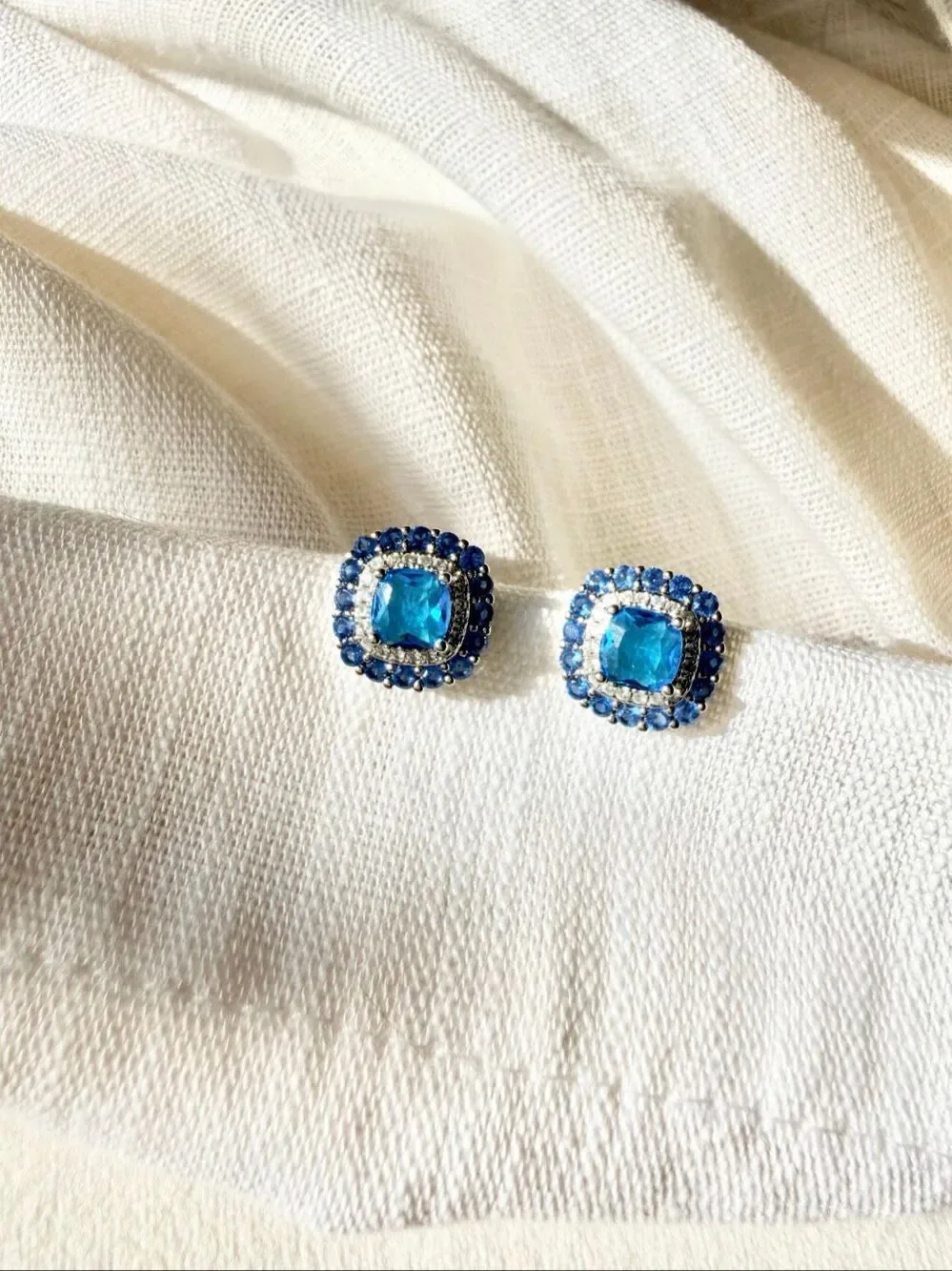 Sapphire Blue Cubic Zirconia Cushion Halo Stud Earrings Silver Tone